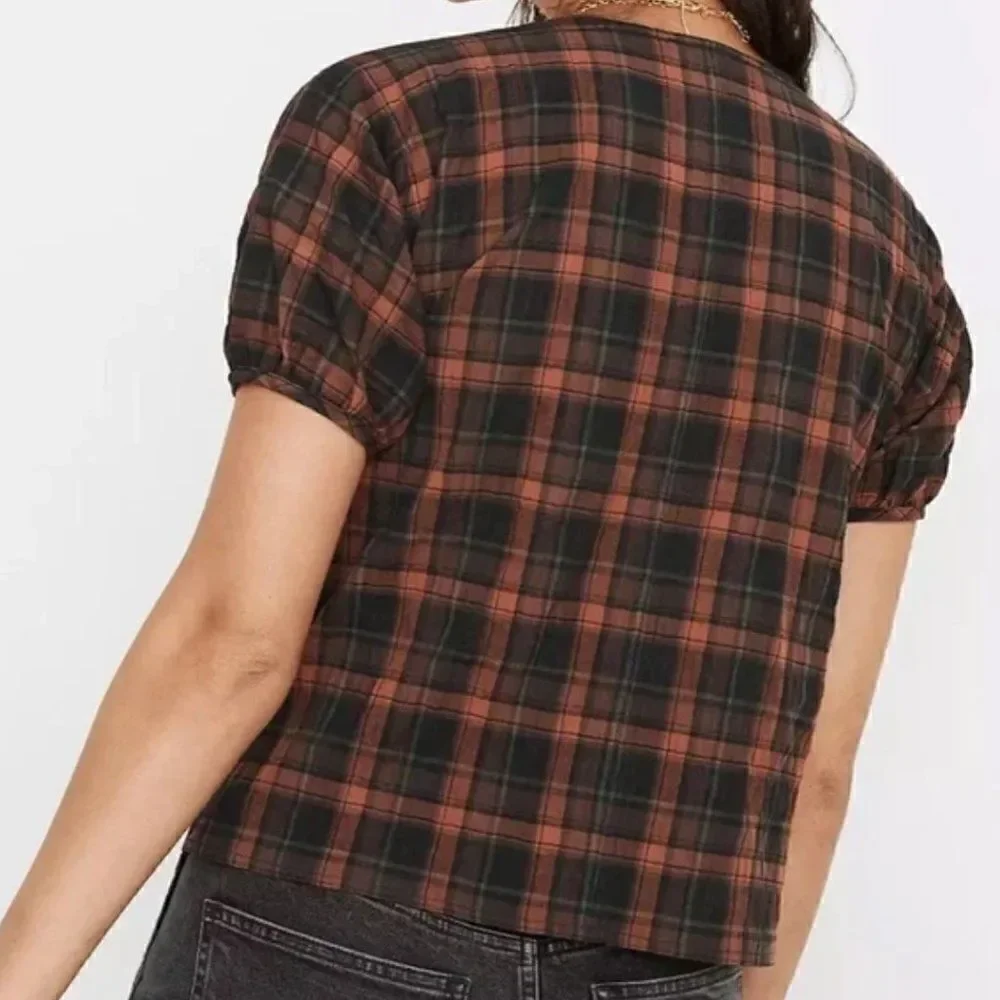 Madewell Gathered V-Neck Top in Plaid